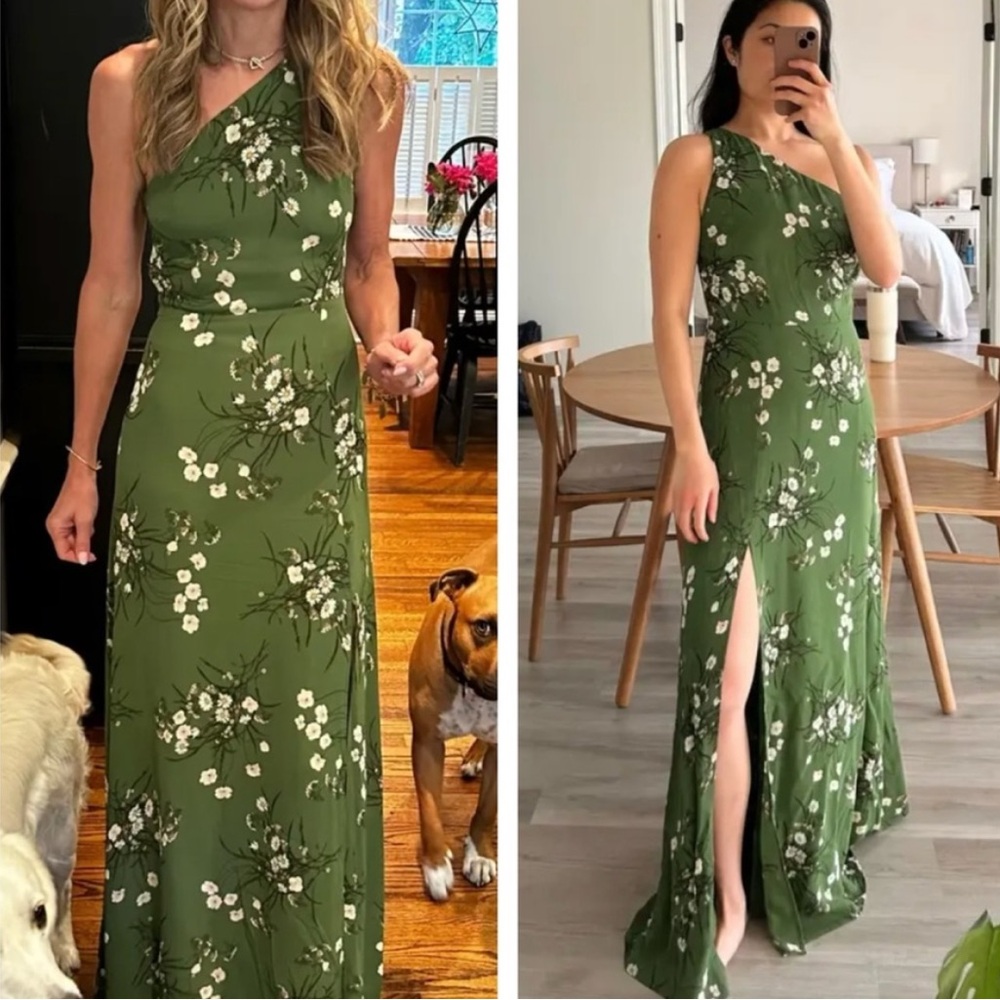Reformation Green Evelyn Asymmetrical One Shoulder Maxi Dress in Lomita